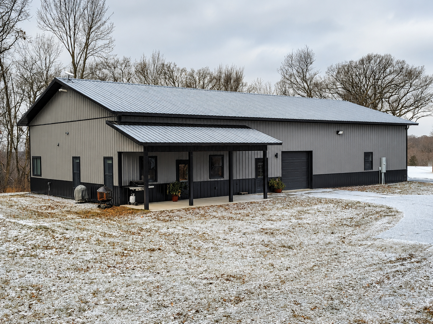 Gray post-frame shop — winter