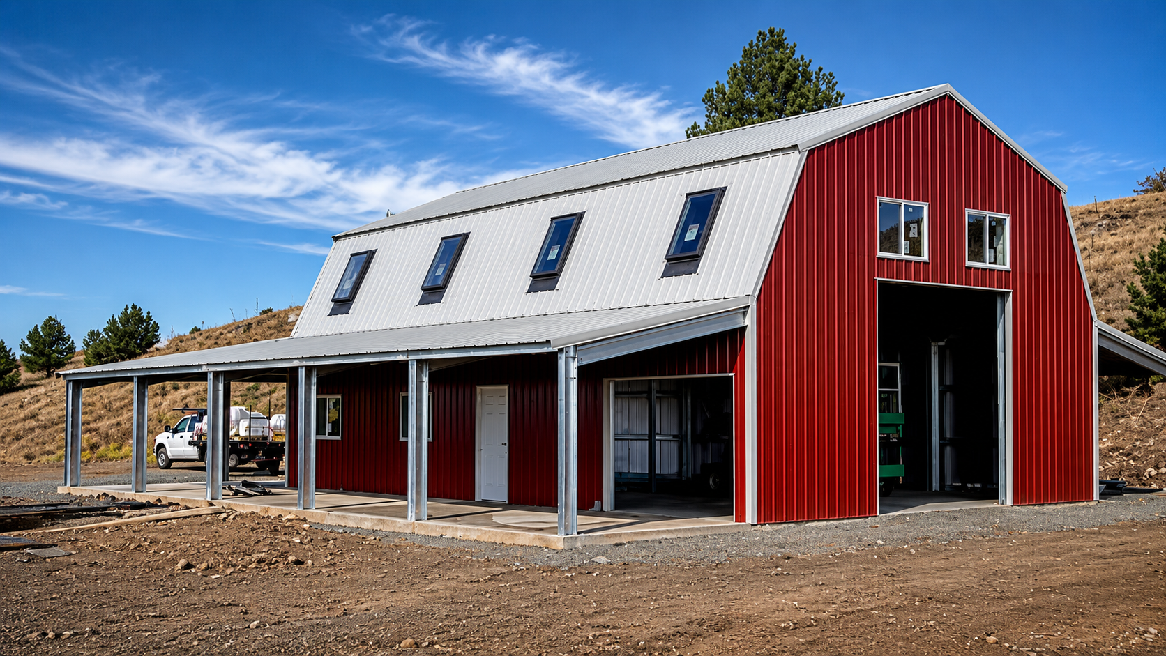 Red gambrel barn with metal roof