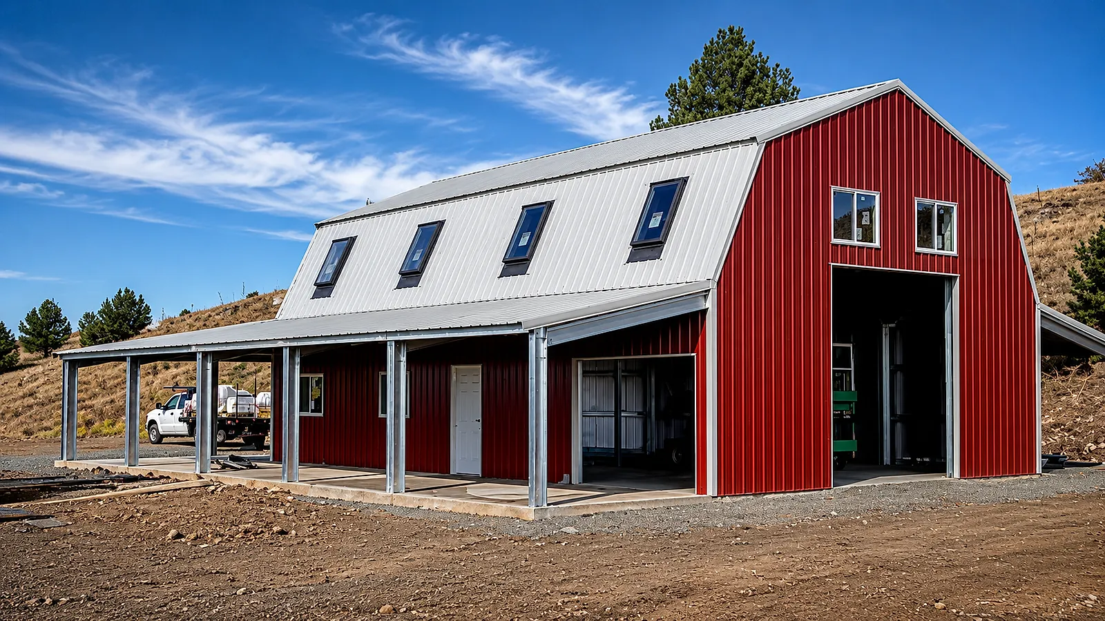 Red gambrel barn with metal roof