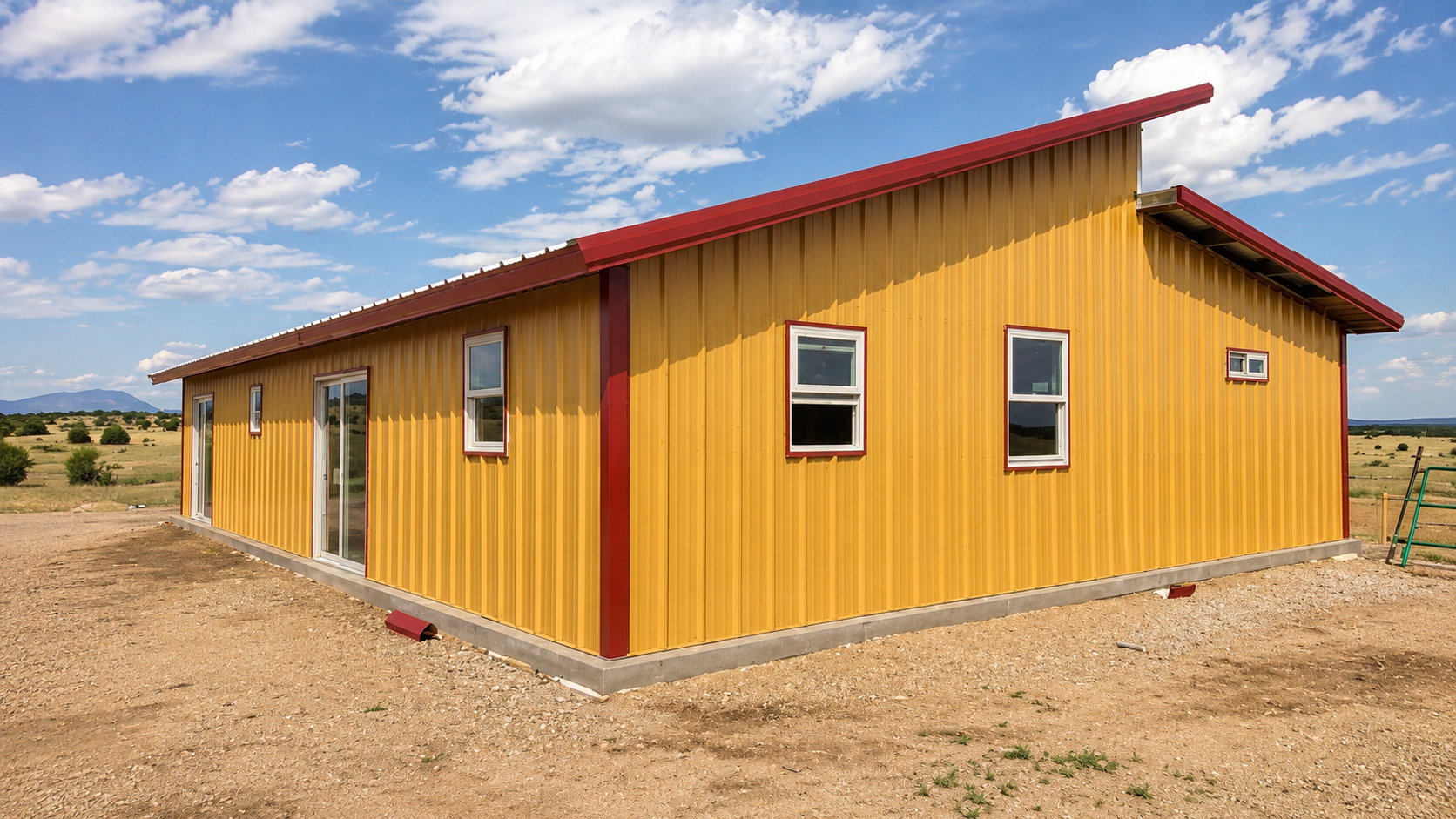Yellow metal building with red trim