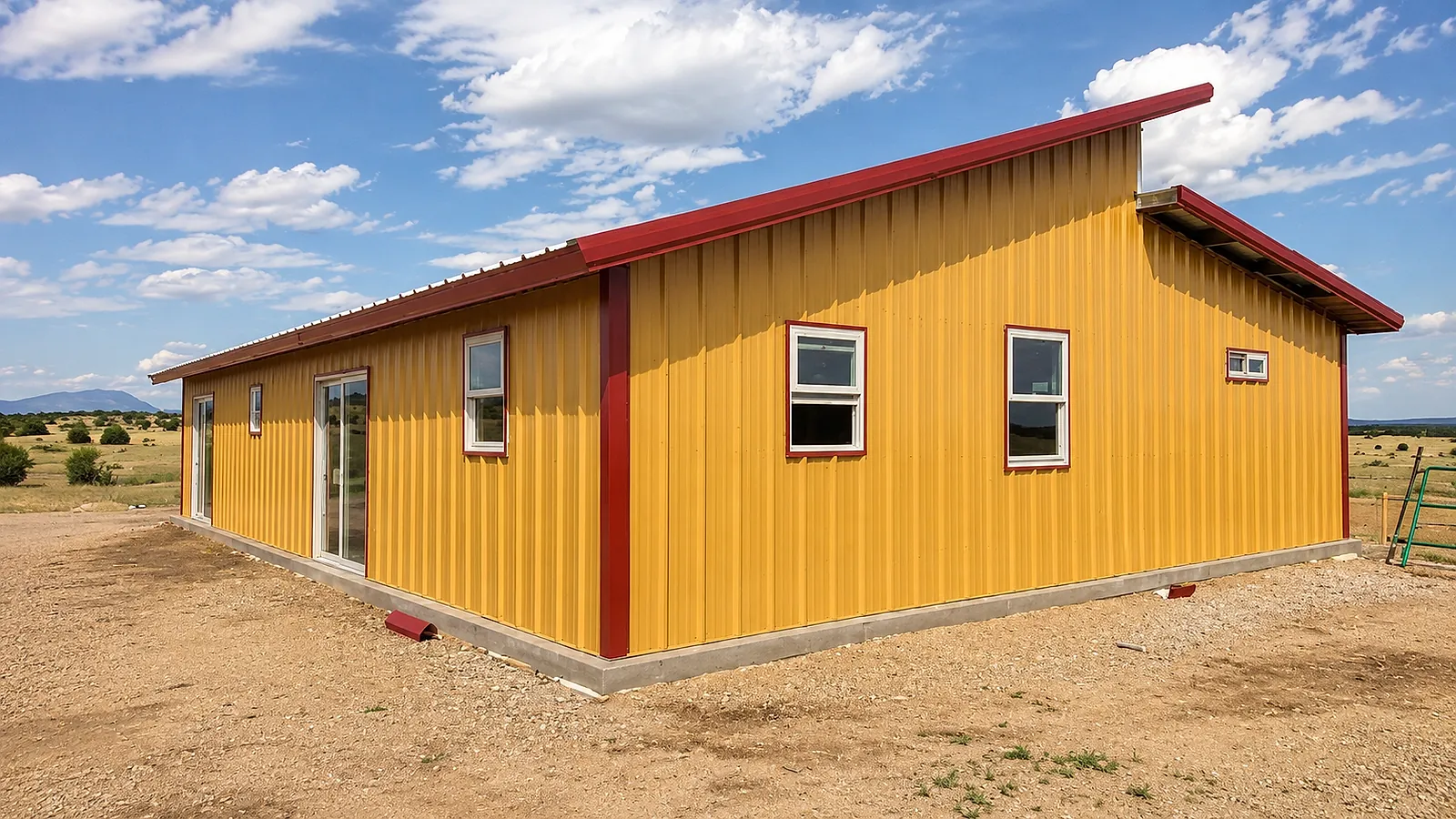 Yellow metal building with red trim
