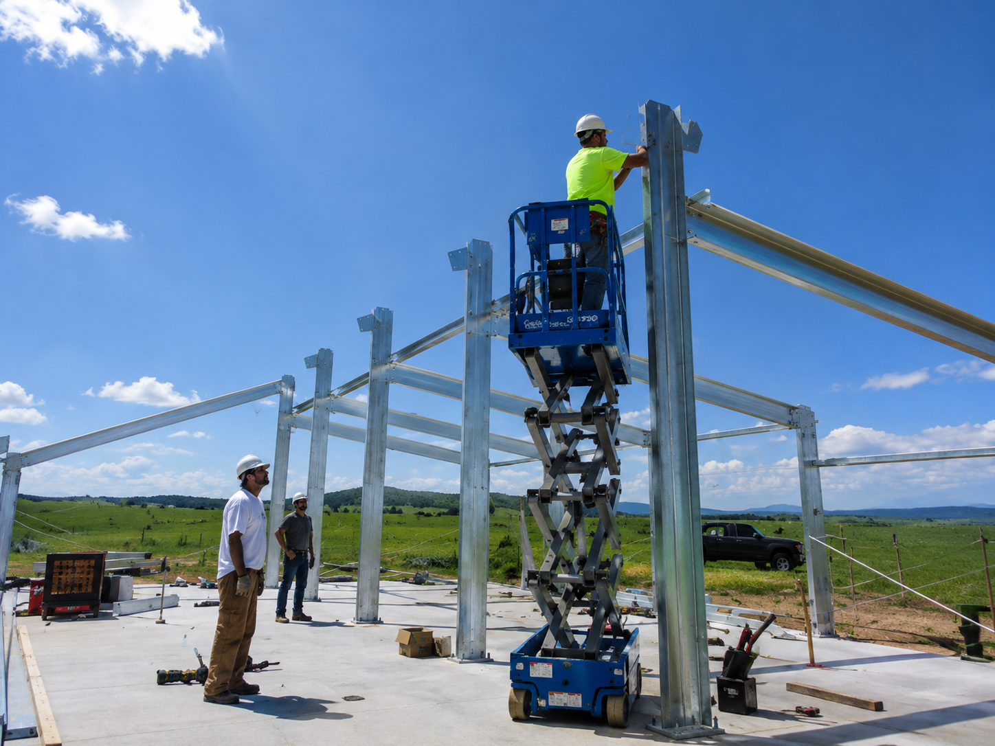 Steel erection crew on scissor lift