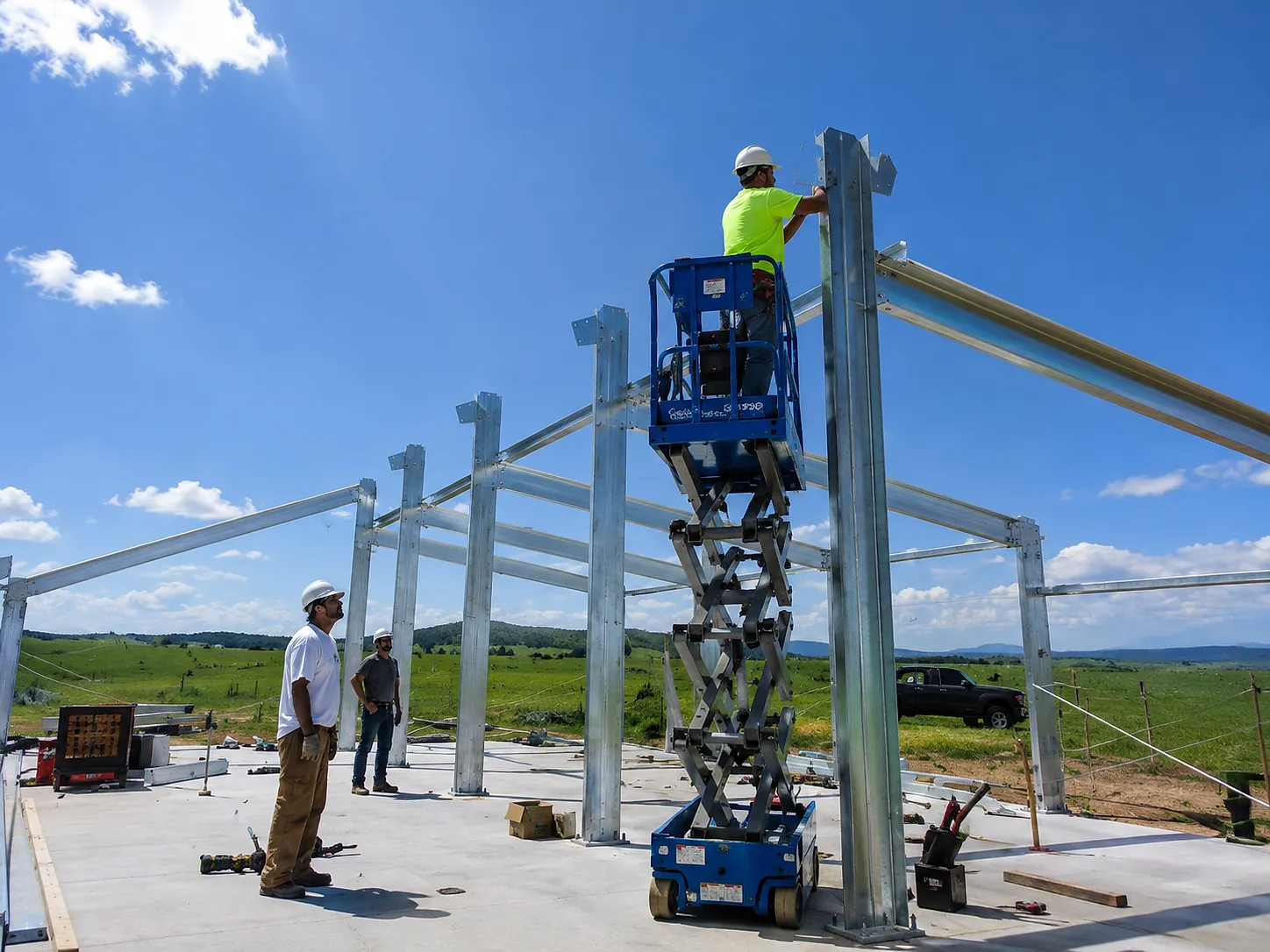 Steel erection crew on scissor lift