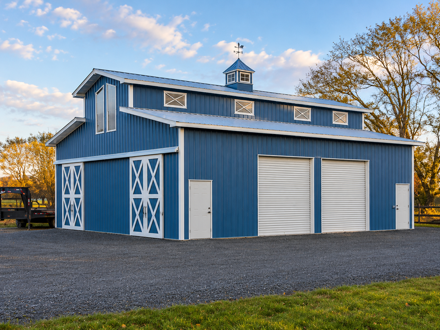 Post-frame barndominium — golden hour